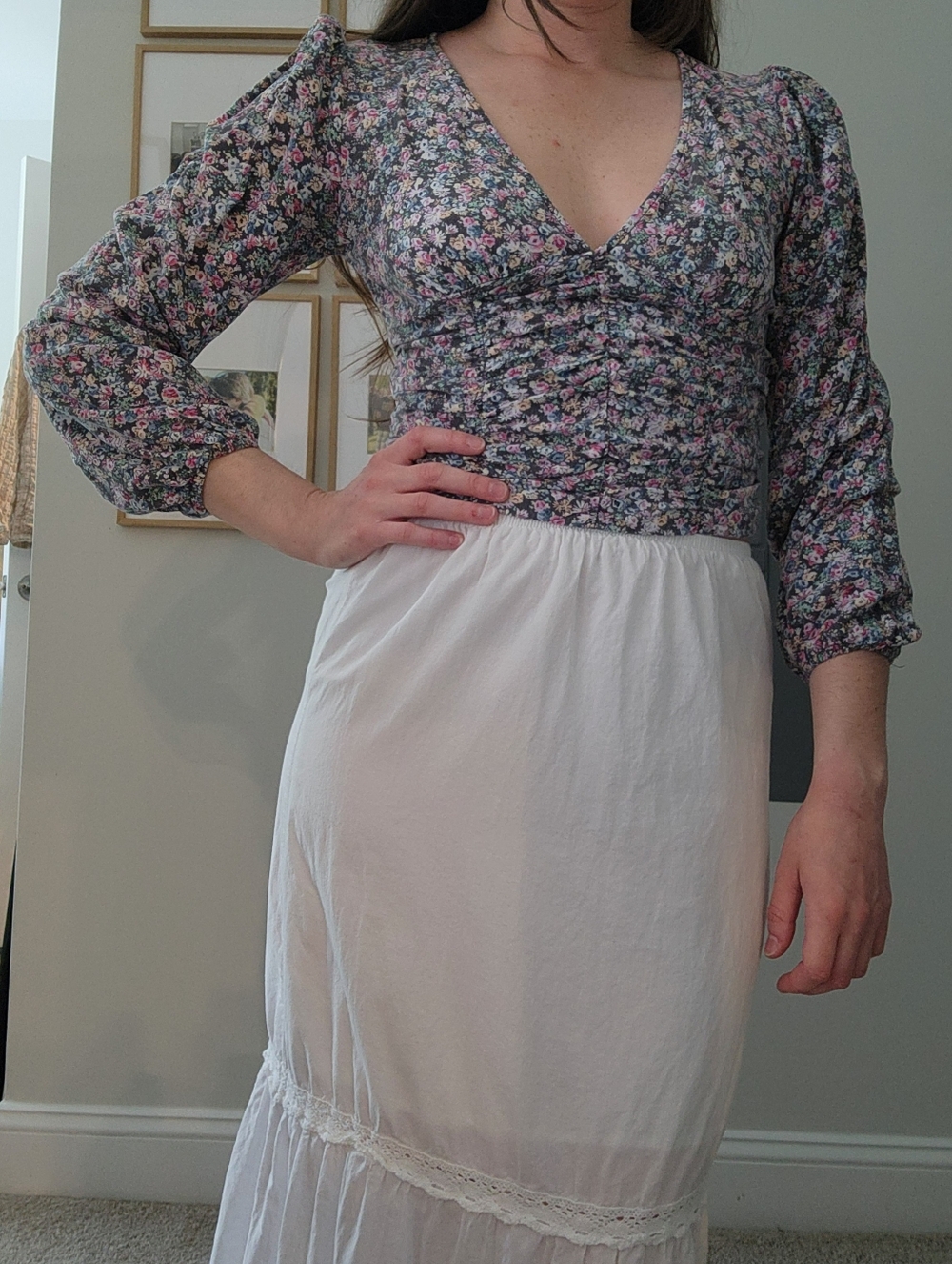 Floral V-Neck Long Sleeve Corset Crop Top - Multicolor